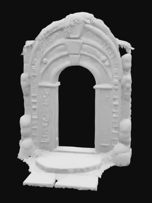 3D model for #arch#, Design a highly detailed Stone Ancient seaweed covered mystical gateway arch combining Aztec, Sumerian and Cthuhlean Designs, odd blue cuniform like glowing runes adorn its curved archway, Game Asset, Horror, #arch#