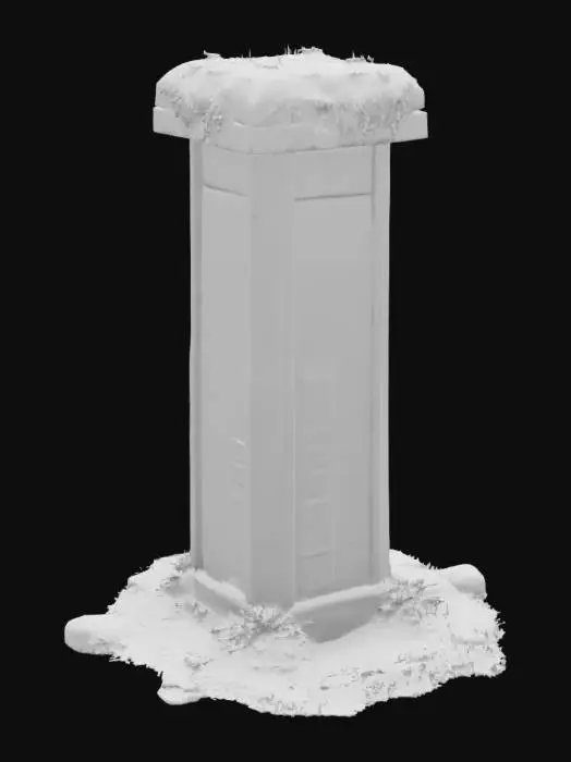 3D model for #arch#, Design a highly detailed Stone Ancient grass covered mystical stone pillar combining Ancient mystical Designs, odd blue cuniform like glowing runes, Game Asset, Horror, realistic, 