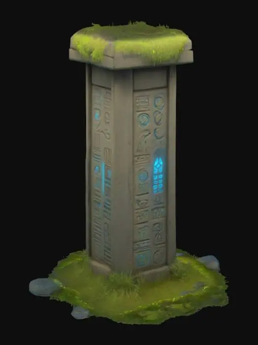 3D model for #arch#, Design a highly detailed Stone Ancient grass covered mystical stone pillar combining Ancient mystical Designs, odd blue cuniform like glowing runes, Game Asset, Horror, realistic, 