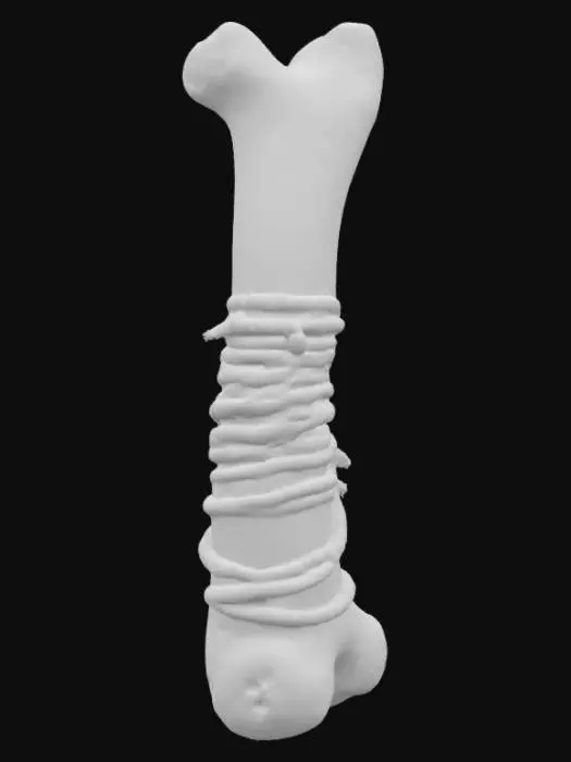 3D model for a large aged animal bone wrapped in ancient rope. Standing tall and carved with red and gold markings. Ultra high resolution. 