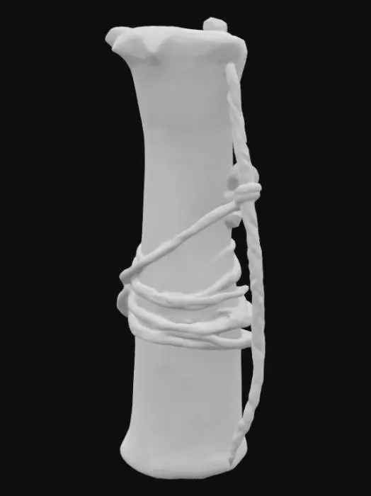 3D model for a large aged animal bone wrapped in ancient rope. Standing tall and carved with red and gold markings. Ultra high resolution. 