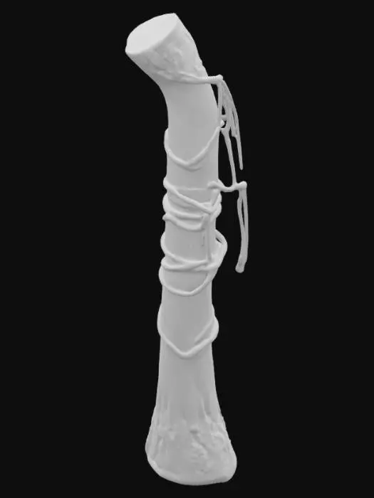 3D model for a large aged animal bone wrapped in ancient rope. Standing tall and carved with blue and gold markings. Ultra high resolution. 