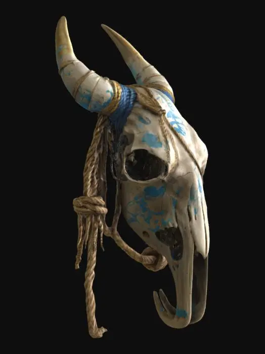 3D model for a large aged animal skull wrapped in ancient rope. Standing tall and carved with blue and gold markings. Ultra high resolution. 