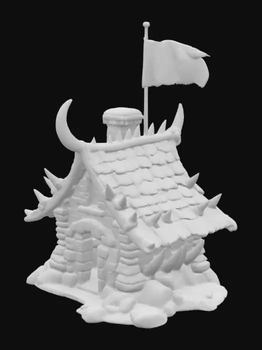 3D model for Slanted rooftop made of aged spiked animal bones. Weathered and ancient flags hang from the rooftop. 