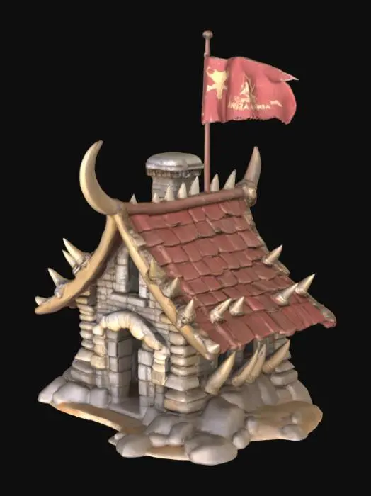 3D model for Slanted rooftop made of aged spiked animal bones. Weathered and ancient flags hang from the rooftop. 