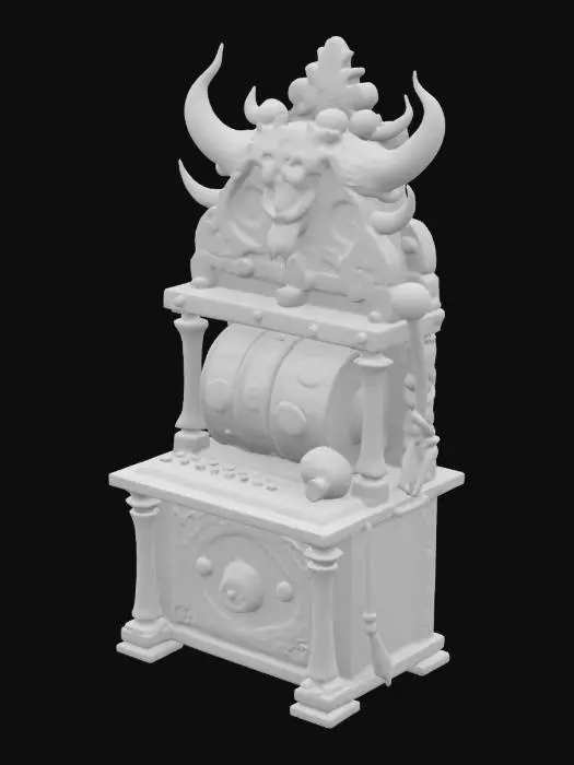 3D model for A slot machine built entirely from interlocked animal bones, weathered and yellowed with age. Each bone is tightly bound with frayed, hand-woven rope, showing signs of ancient ritual use. Glowing blue arcane markings are carved deep into the bone surface, pulsing faintly with magical energy. The lever is a twisted femur, the reels are bone cylinders etched with runes. A faint blue mist seeps from the cracks. Intricate, eerie, and ancient — like a cursed relic from a forgotten civilization.