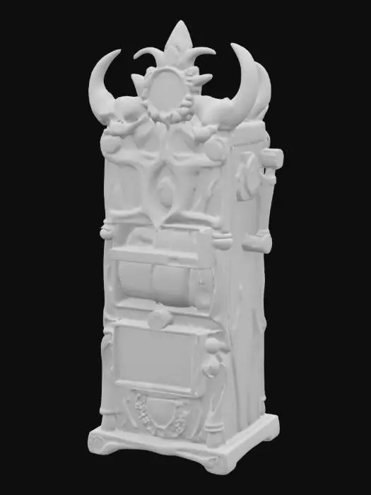 3D model for A slot machine constructed from aged animal bones, assembled into a tall, tribal structure. Bones are bound tightly with frayed ancient rope and etched with glowing blue runes that pulse softly. The reels are carved bone cylinders with symbols burnt into them. Glowing blue light emits from within the machine's seams. Aged, organic texture, eerie and mystical feel. Designed for use in a dark fantasy or ancient magic-themed game. Optimized for FBX game-ready asset.