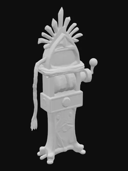 3D model for A slot machine constructed from aged animal bones, assembled into a tall, tribal structure. Bones are bound tightly with frayed ancient rope and etched with glowing blue runes that pulse softly. The reels are carved bone cylinders with symbols burnt into them. Glowing blue light emits from within the machine's seams. Aged, organic texture, eerie and mystical feel. Designed for use in a dark fantasy or ancient magic-themed game. Optimized for FBX game-ready asset.