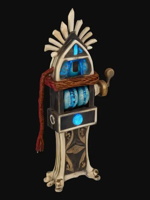 3D model for A slot machine constructed from aged animal bones, assembled into a tall, tribal structure. Bones are bound tightly with frayed ancient rope and etched with glowing blue runes that pulse softly. The reels are carved bone cylinders with symbols burnt into them. Glowing blue light emits from within the machine's seams. Aged, organic texture, eerie and mystical feel. Designed for use in a dark fantasy or ancient magic-themed game. Optimized for FBX game-ready asset.