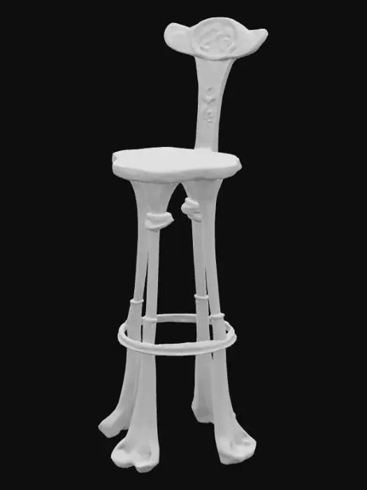 3D model for A tall bar stool assembled from weathered, ivory-toned animal bones, designed with a narrow profile but rich with ancient detail. The legs are long femurs wrapped in worn, ritual rope, knotted tightly at each intersection for structural support. A ring of carved vertebrae connects the legs midway as a footrest, while the seat is a flattened pelvis bone covered with cracked hide, stitched with sinew. Etched into the surface are glowing red and gold markings — ancient symbols of luck and sacrifice. The stool pulses faintly with dormant energy, as if remembering every soul who sat before it