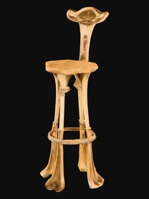 3D model for A tall bar stool assembled from weathered, ivory-toned animal bones, designed with a narrow profile but rich with ancient detail. The legs are long femurs wrapped in worn, ritual rope, knotted tightly at each intersection for structural support. A ring of carved vertebrae connects the legs midway as a footrest, while the seat is a flattened pelvis bone covered with cracked hide, stitched with sinew. Etched into the surface are glowing red and gold markings — ancient symbols of luck and sacrifice. The stool pulses faintly with dormant energy, as if remembering every soul who sat before it