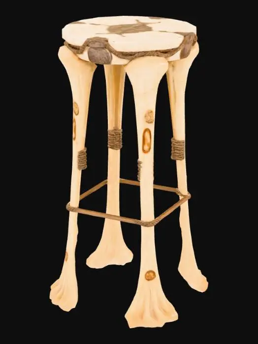 3D model for A tall bar stool assembled from weathered, ivory-toned animal bones, designed with a narrow profile but rich with ancient detail. The legs are long femurs wrapped in worn, ritual rope, knotted tightly at each intersection for structural support. A ring of carved vertebrae connects the legs midway as a footrest, while the seat is a flattened pelvis bone covered with cracked hide, stitched with sinew. Etched into the surface are glowing red and gold markings — ancient symbols of luck and sacrifice. The stool pulses faintly with dormant energy, as if remembering every soul who sat before it