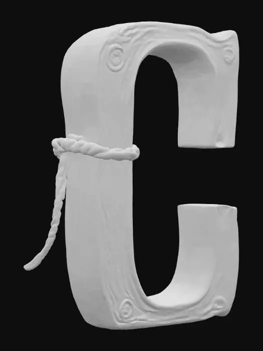 3D model for The letter "C" shaped out of ancient wood and covered in western styled rope
