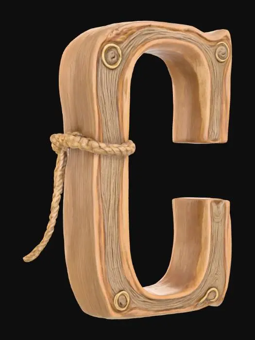3D model for The letter "C" shaped out of ancient wood and covered in western styled rope
