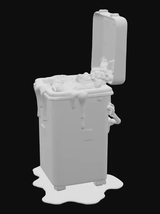 3D model for A rusted, dented metal garbage dumpster, surface worn with deep scratches and patches of corrosion. Thick, semi-transparent blue slime oozes slowly from its open lid and cracks, glowing faintly with a bio-luminescent effect. The slime drips and pools on the surrounding ground, spreading unevenly. The dumpsters worn ancient symbols are barely visible under grime. Ideal for sci-fi, horror, or post-apocalyptic settings