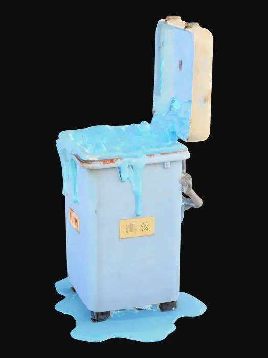 3D model for A rusted, dented metal garbage dumpster, surface worn with deep scratches and patches of corrosion. Thick, semi-transparent blue slime oozes slowly from its open lid and cracks, glowing faintly with a bio-luminescent effect. The slime drips and pools on the surrounding ground, spreading unevenly. The dumpsters worn ancient symbols are barely visible under grime. Ideal for sci-fi, horror, or post-apocalyptic settings