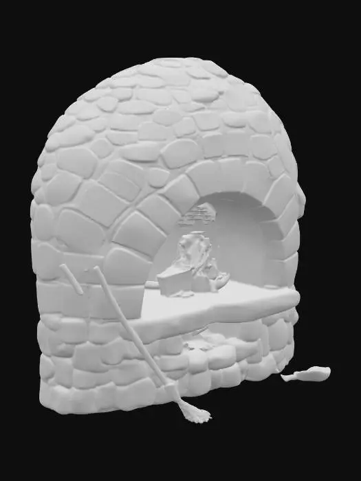 3D model for An ancient, dome-shaped pizza stone oven built from sunbaked clay bricks and dark volcanic stones. The surface is cracked and aged, with ancient carvings and faded runes etched into the arch and sides. Moss and soot stains darken the stone edges. The oven mouth is blackened from centuries of fire use, with glowing embers faintly visible inside. Surrounding it are scattered clay tools and a crumbling stone base. Ideal for fantasy, medieval, or historical culinary scenes.