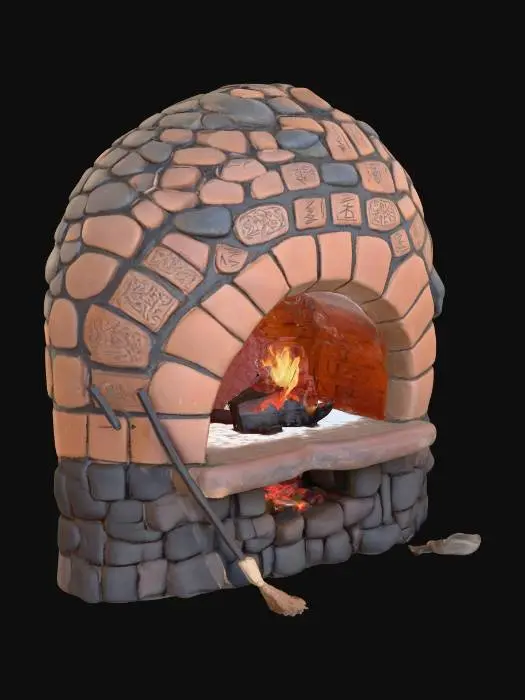3D model for An ancient, dome-shaped pizza stone oven built from sunbaked clay bricks and dark volcanic stones. The surface is cracked and aged, with ancient carvings and faded runes etched into the arch and sides. Moss and soot stains darken the stone edges. The oven mouth is blackened from centuries of fire use, with glowing embers faintly visible inside. Surrounding it are scattered clay tools and a crumbling stone base. Ideal for fantasy, medieval, or historical culinary scenes.