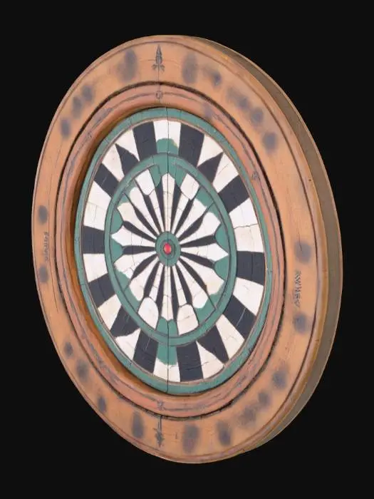 3D model for A weathered dart board made from layered, cracked wood rings, mounted on a rough stone tavern wall. The surface is riddled with ancient iron-tipped darts and deep gouges from centuries of use. Faded paint marks the target zones, barely visible beneath burn marks, knife scratches, and spilled ale stains. Around the edges, old carvings and worn tribal or arcane markings are etched into the frame. A few darts still glow faintly, enchanted or cursed. Ideal for fantasy or ancient pub interiors.