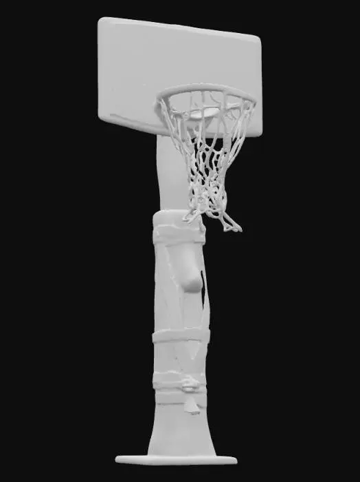 3D model for A crude basketball hoop made from a rusted iron ring bolted onto a cracked stone backboard. The net is woven from frayed rope and animal sinew, swaying slightly in the wind. The backboard is covered in faded symbols, tribal etchings, and chipped paint. Mounted on a leaning wooden or stone pillar, the structure shows signs of age and repair with leather straps and iron reinforcements. The ground below is worn from centuries of play. Ideal for fantasy sports arenas or ruin-themed environments.