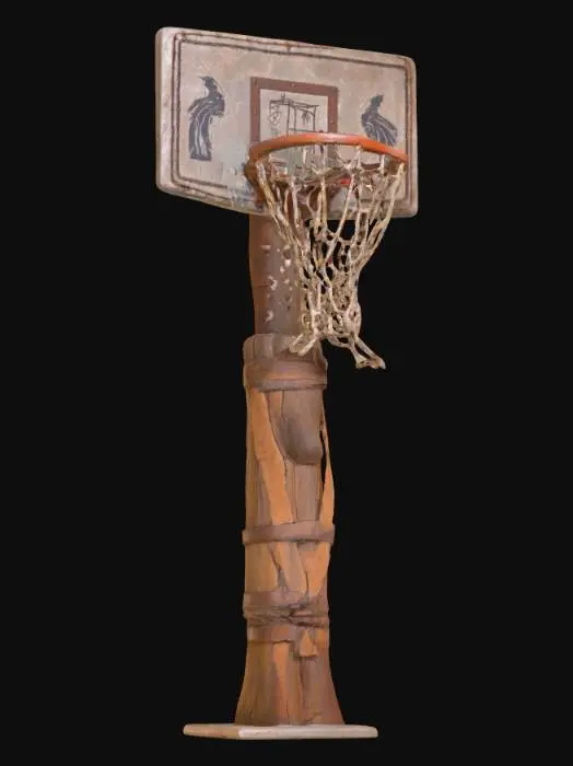 3D model for A crude basketball hoop made from a rusted iron ring bolted onto a cracked stone backboard. The net is woven from frayed rope and animal sinew, swaying slightly in the wind. The backboard is covered in faded symbols, tribal etchings, and chipped paint. Mounted on a leaning wooden or stone pillar, the structure shows signs of age and repair with leather straps and iron reinforcements. The ground below is worn from centuries of play. Ideal for fantasy sports arenas or ruin-themed environments.