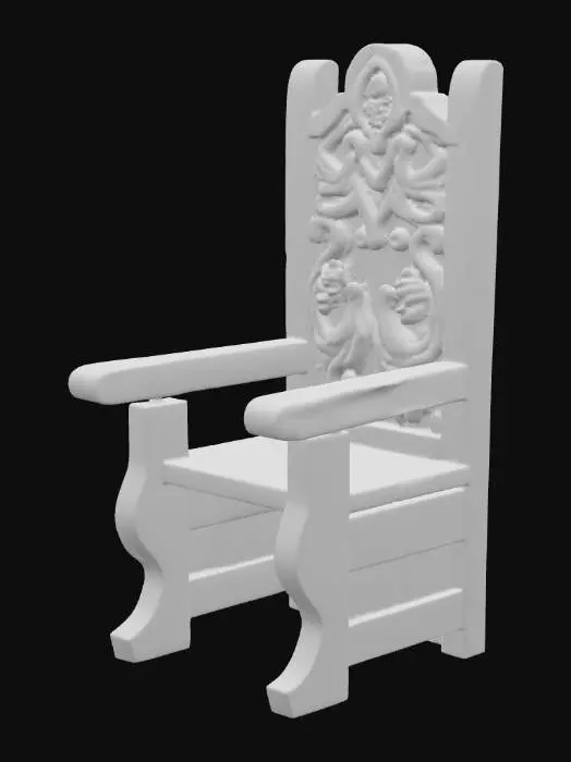3D model for an ancient table chair with Nordic ancient blue-ish carvings etched into the wood.