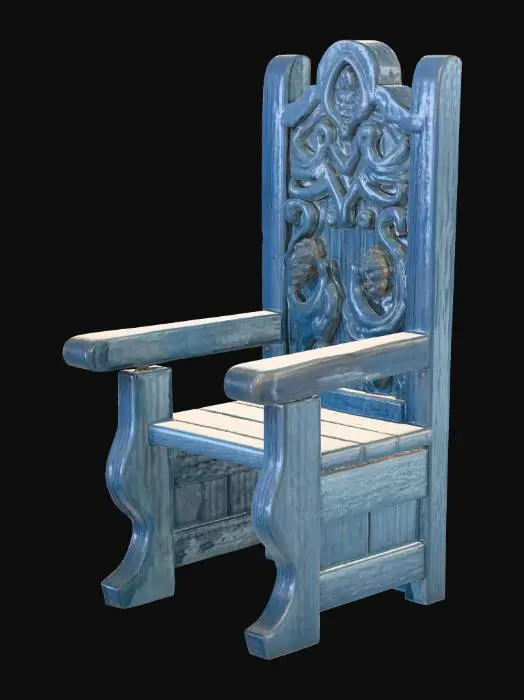 3D model for an ancient table chair with Nordic ancient blue-ish carvings etched into the wood.