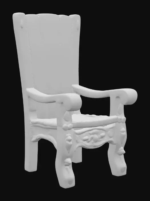 3D model for an ancient table chair with Nordic ancient blue-ish carvings etched into the wood.