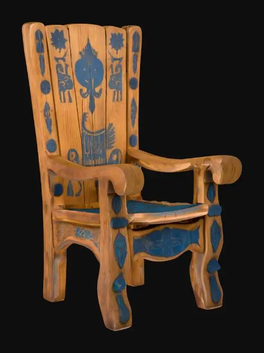 3D model for an ancient table chair with Nordic ancient blue-ish carvings etched into the wood.