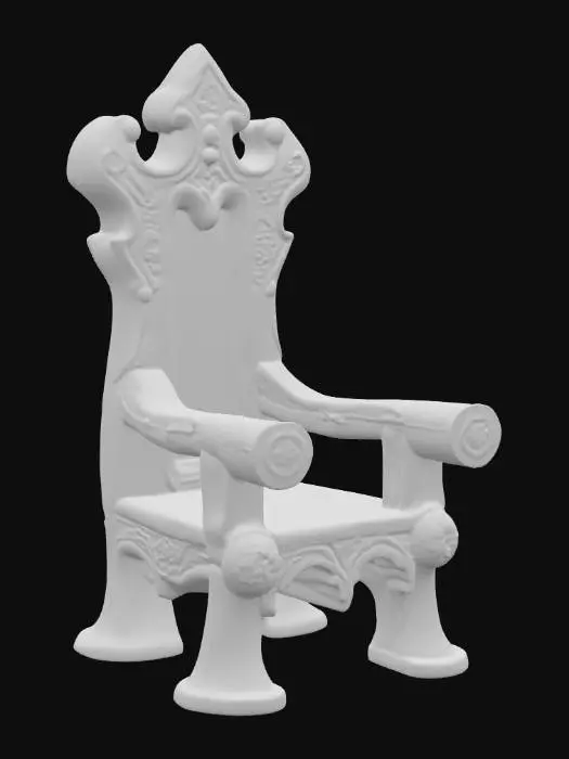 3D model for an ancient table chair with Nordic ancient glowing blue-ish carvings etched into the wood.