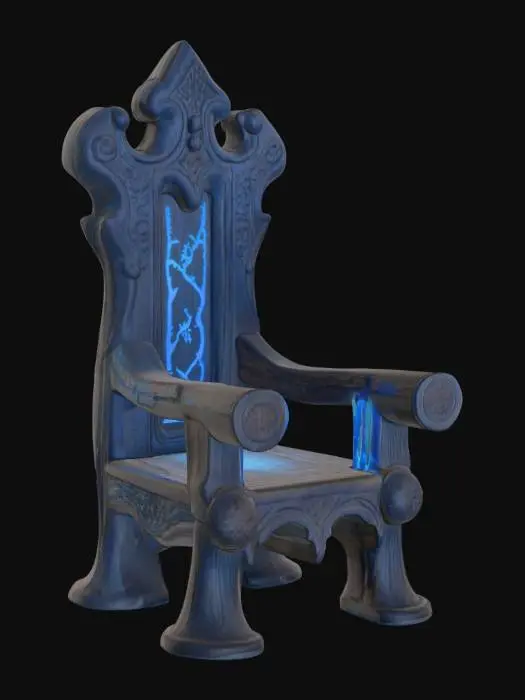 3D model for an ancient table chair with Nordic ancient glowing blue-ish carvings etched into the wood.