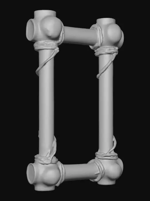 3D model for an ancient picture frame crafted entirely from animal bones intertwined with aged, fraying rope. The bones should look weathered and timeworn, showing natural cracks, porous textures, and yellowed patina from centuries of decay. The rope binding should appear brittle, with rough fibers splitting apart yet still firmly holding the structure. Faint, glowing bluish hieroglyphic markings are carved into select bone pieces, barely visible until light reflects at certain angles. The frame should feel ominous yet ceremonial—gothic curves and primitive joinery techniques suggesting ritualistic origins.