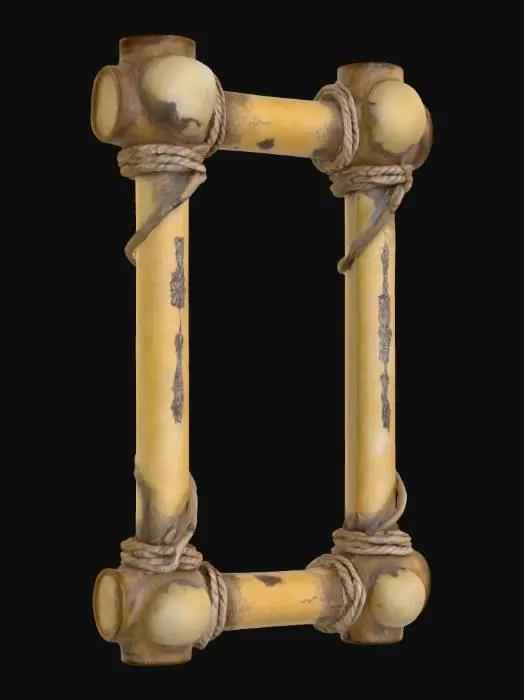 3D model for an ancient picture frame crafted entirely from animal bones intertwined with aged, fraying rope. The bones should look weathered and timeworn, showing natural cracks, porous textures, and yellowed patina from centuries of decay. The rope binding should appear brittle, with rough fibers splitting apart yet still firmly holding the structure. Faint, glowing bluish hieroglyphic markings are carved into select bone pieces, barely visible until light reflects at certain angles. The frame should feel ominous yet ceremonial—gothic curves and primitive joinery techniques suggesting ritualistic origins.