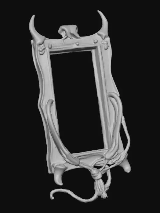 3D model for an ancient picture frame crafted entirely from animal bones intertwined with aged, fraying rope. The bones should look weathered and timeworn, showing natural cracks, porous textures, and yellowed patina from centuries of decay. The rope binding should appear brittle, with rough fibers splitting apart yet still firmly holding the structure. Faint, glowing bluish hieroglyphic markings are carved into select bone pieces, barely visible until light reflects at certain angles. The frame should feel ominous yet ceremonial—gothic curves and primitive joinery techniques suggesting ritualistic origins.