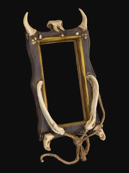3D model for an ancient picture frame crafted entirely from animal bones intertwined with aged, fraying rope. The bones should look weathered and timeworn, showing natural cracks, porous textures, and yellowed patina from centuries of decay. The rope binding should appear brittle, with rough fibers splitting apart yet still firmly holding the structure. Faint, glowing bluish hieroglyphic markings are carved into select bone pieces, barely visible until light reflects at certain angles. The frame should feel ominous yet ceremonial—gothic curves and primitive joinery techniques suggesting ritualistic origins.