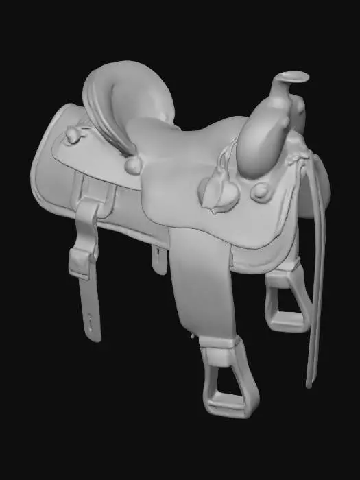 3D model for ancient horse saddle with blue-ish hieroglyphics markings