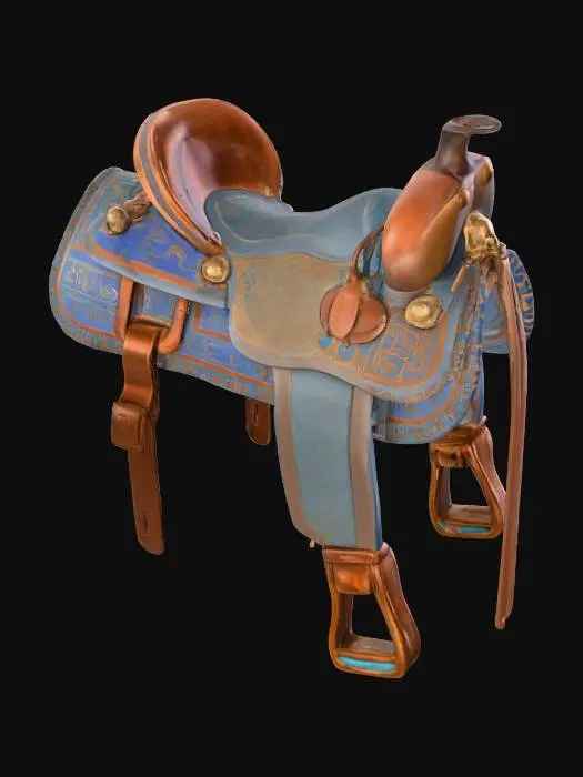 3D model for ancient horse saddle with blue-ish hieroglyphics markings
