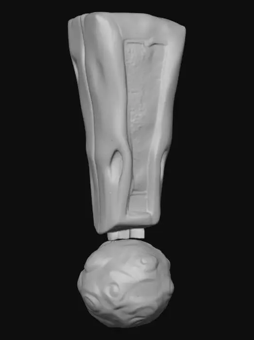 3D model for a exclamation point made out of ancient wood and has glowing blueish carvings etched in