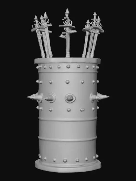 3D model for large stone cylinder spiked with ancient swords