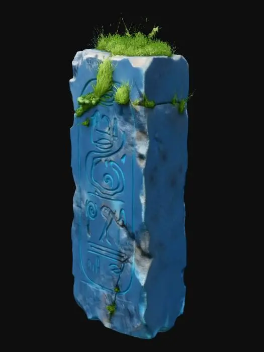 3D model for an ancient stone block that is standing tall as a rectanglular shape and dark blue in color. It has feint blue curved line heiroglyphic markings and is also topped with grass that appears to be growing from the top.