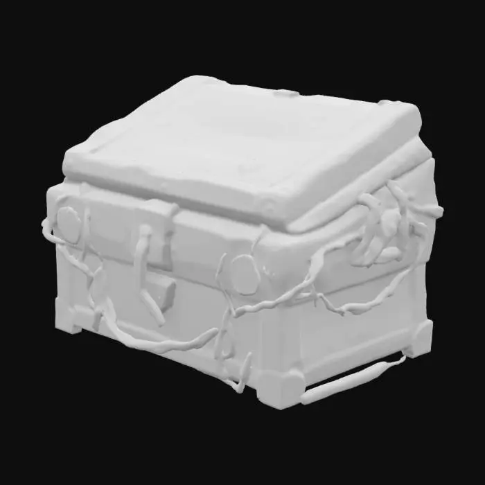 3D model for A large, cracked stone chest bound in woven vines and held together by glowing blue energy seals. When approached, faint whispers emanate from within, as if the relics inside still remember their past. The lid is adorned with script, warning of dangers beyond comprehension