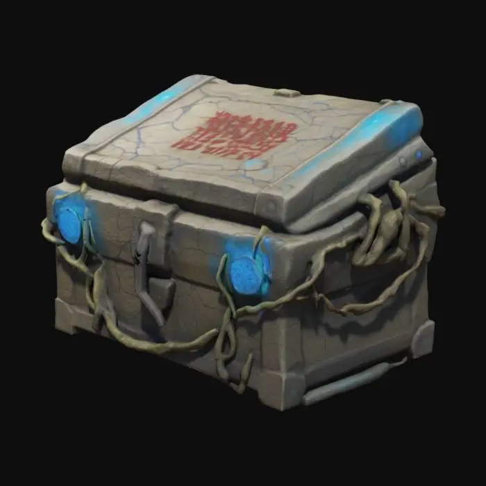 3D model for A large, cracked stone chest bound in woven vines and held together by glowing blue energy seals. When approached, faint whispers emanate from within, as if the relics inside still remember their past. The lid is adorned with script, warning of dangers beyond comprehension