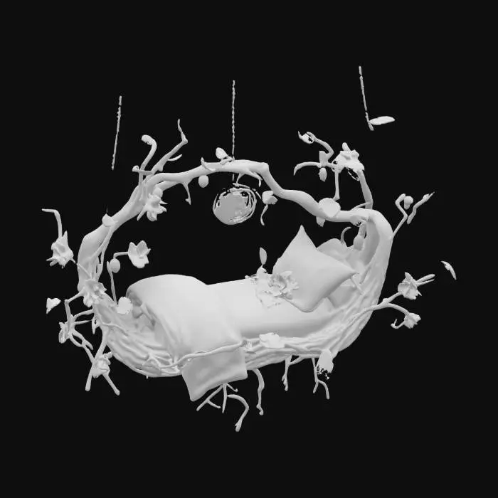 3D model for a suspended fairy bed made out of vines and roots, glowing with hieroglyphic markings and covered in exotic otherworldly flowers. #garden#