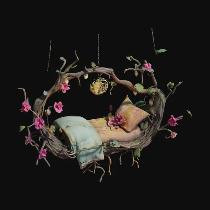3D model for a suspended fairy bed made out of vines and roots, glowing with hieroglyphic markings and covered in exotic otherworldly flowers. #garden#