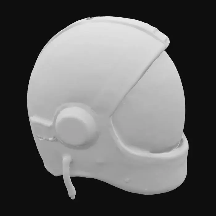 3D model for an ancient space helmet glowing with ancient markings and blue hieroglyphics 