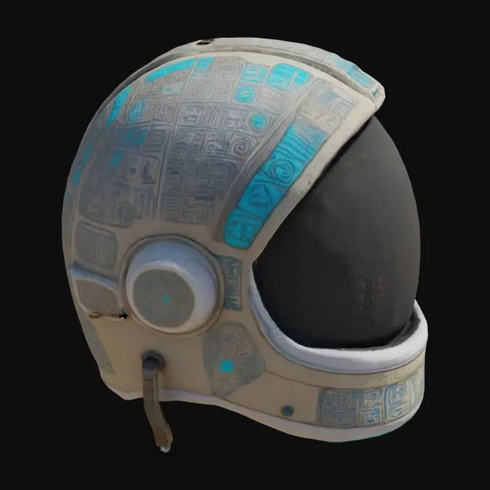 3D model for an ancient space helmet glowing with ancient markings and blue hieroglyphics 