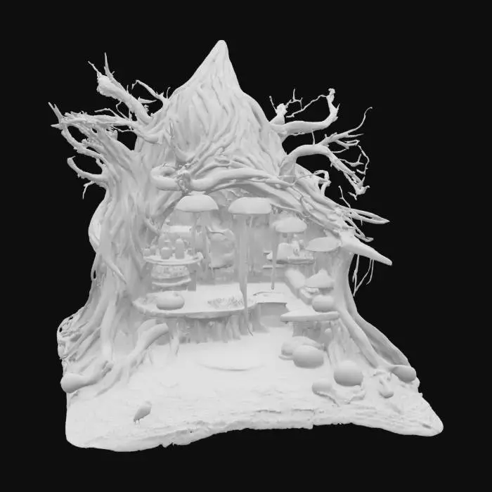 3D model for a detailed ancient marketplace vendors hut made from tree roots. Glowing pink ooze dripping and mushrooms growing. Ultra realistic. 
