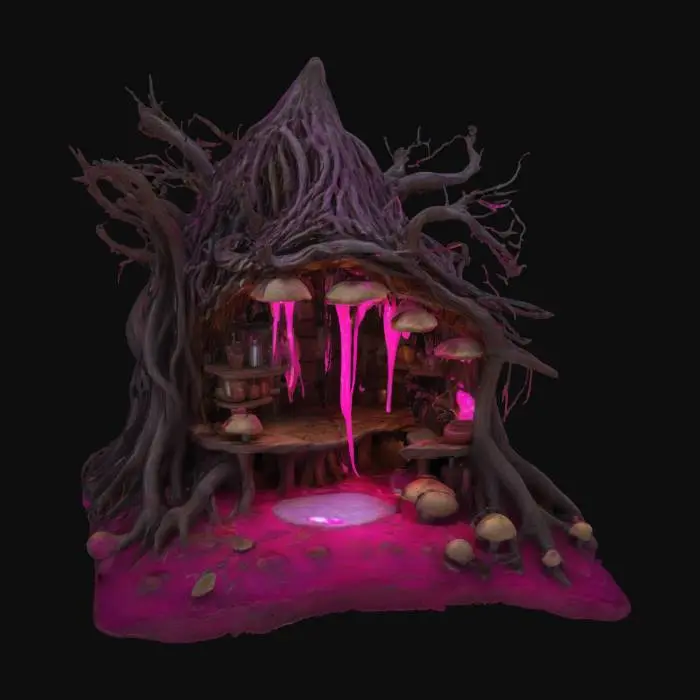 3D model for a detailed ancient marketplace vendors hut made from tree roots. Glowing pink ooze dripping and mushrooms growing. Ultra realistic. 
