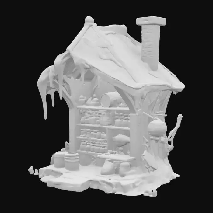 3D model for a detailed potion marketplace hut made with rusted metal. Glowing blue ooze. Ultra realistic. 
