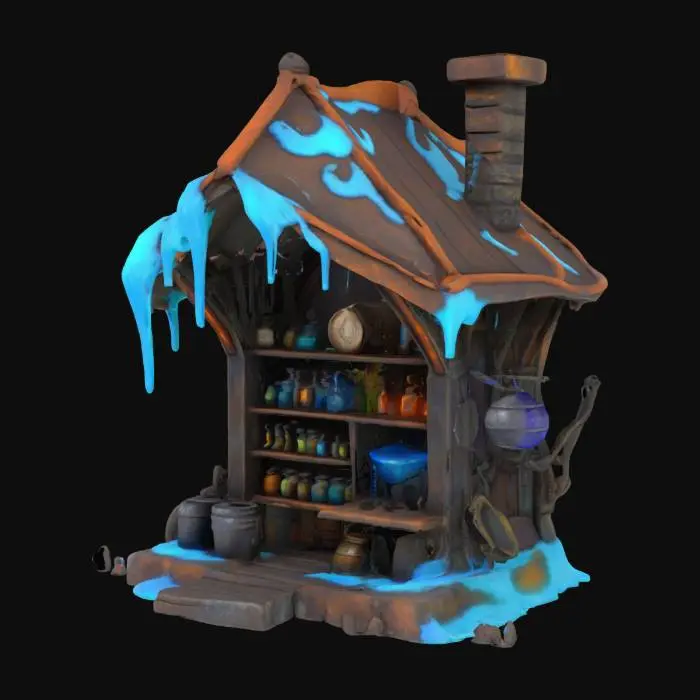 3D model for a detailed potion marketplace hut made with rusted metal. Glowing blue ooze. Ultra realistic. 
